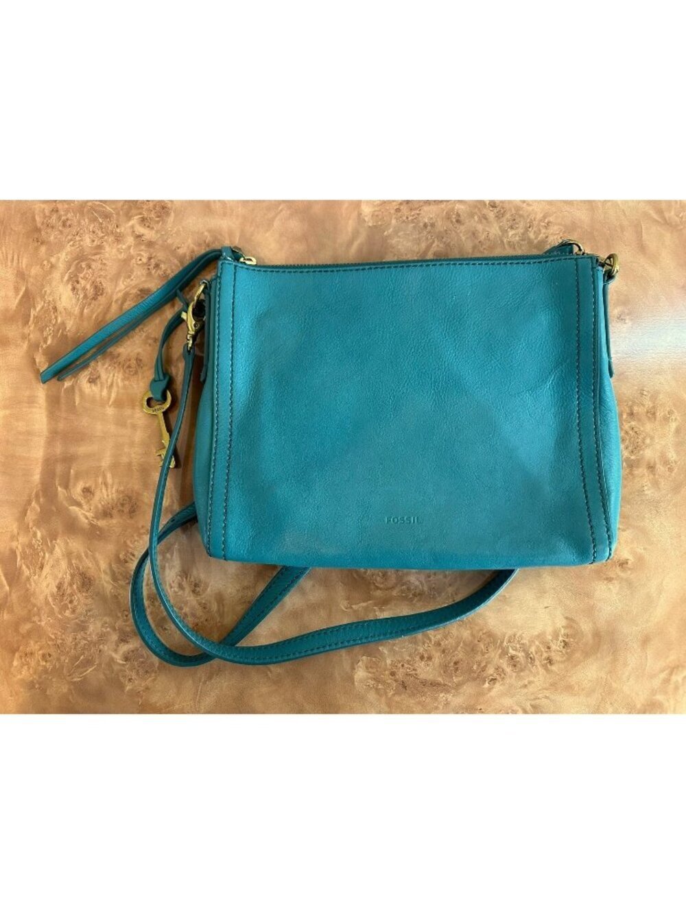 Fossil Teal Leather Crossbody Bag Key Charm Minimalist Everyday Purse